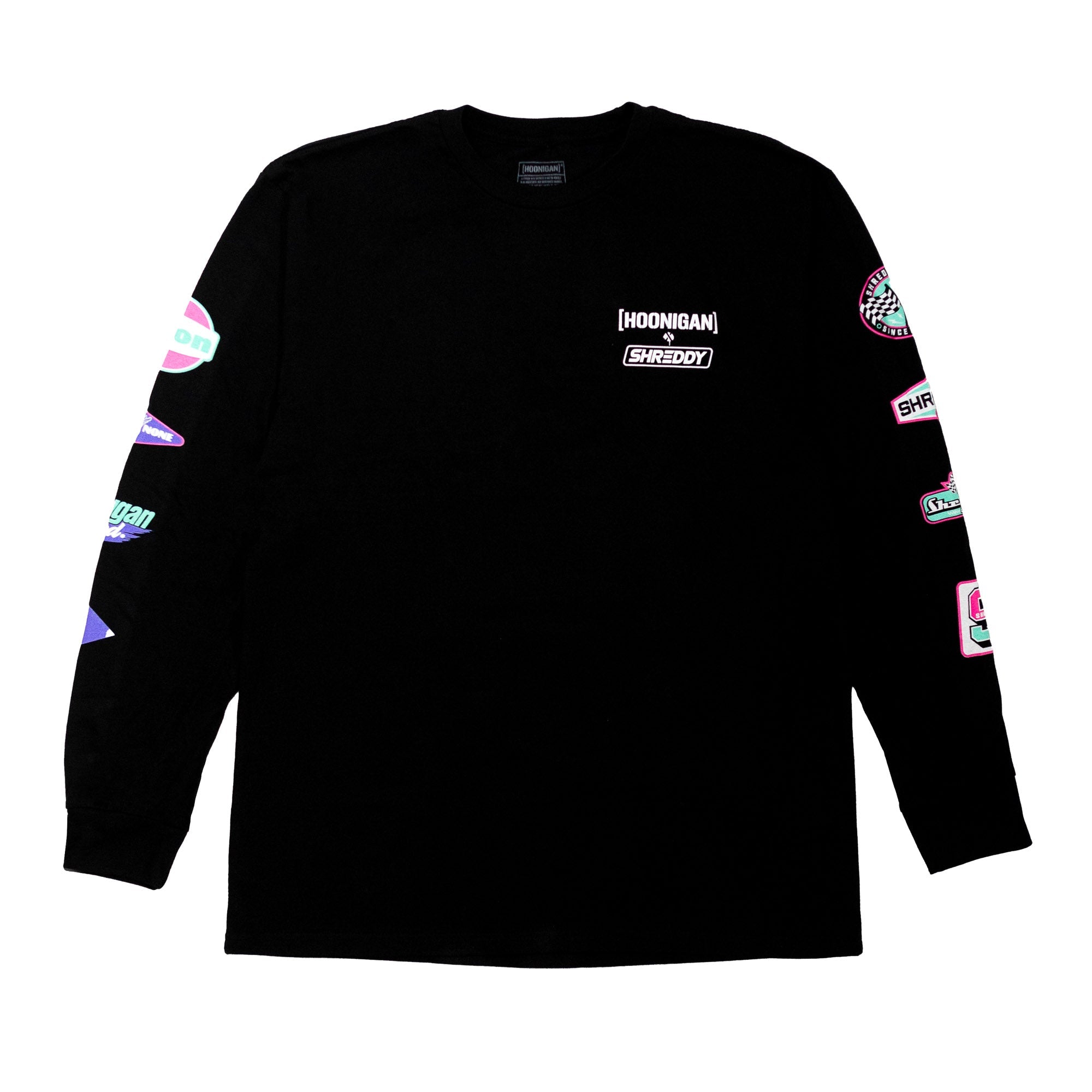 Black long sleeve t-shirt featuring Hoonigan and Shreddy logos on the front and colorful patches on the sleeves.