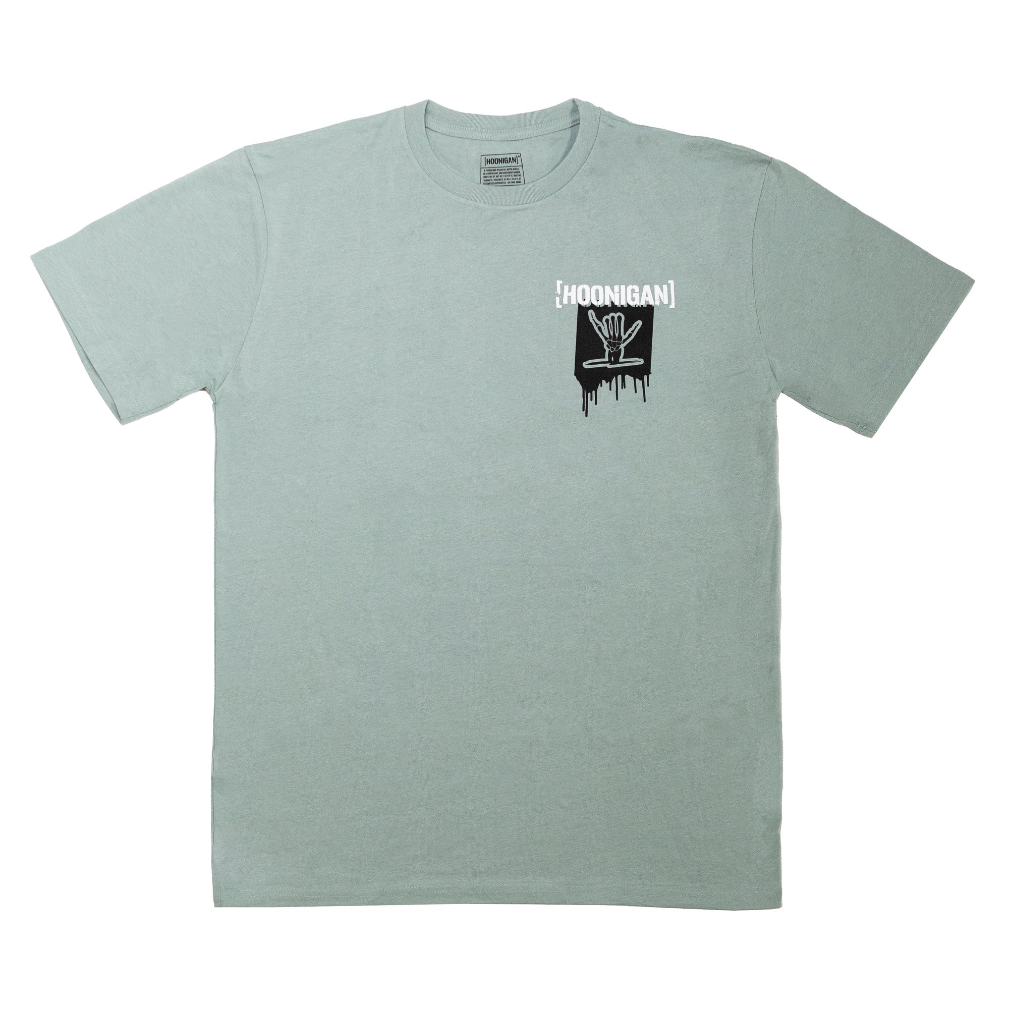 Light green short sleeve t-shirt featuring Hoonigan logo and Shreddy design with a hand graphic and dripping effect.