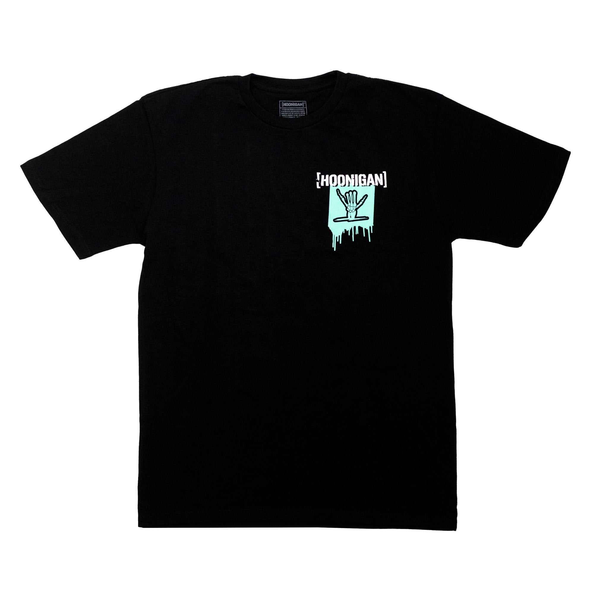 Black short sleeve t-shirt featuring Hoonigan x Shreddy logo with a dripping hand design on the front.