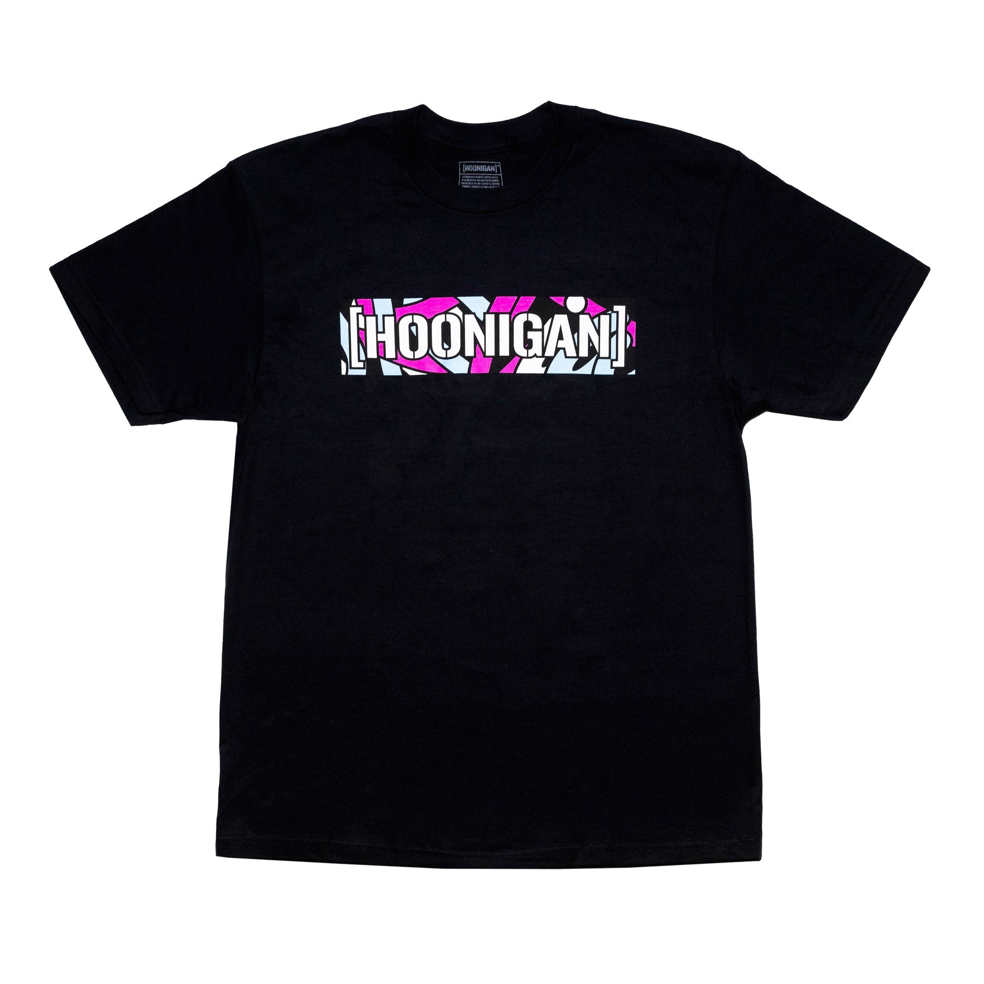 Black short sleeve t-shirt featuring a bold Hoonigan logo with a colorful censor bar design, perfect for motorsport enthusiasts.