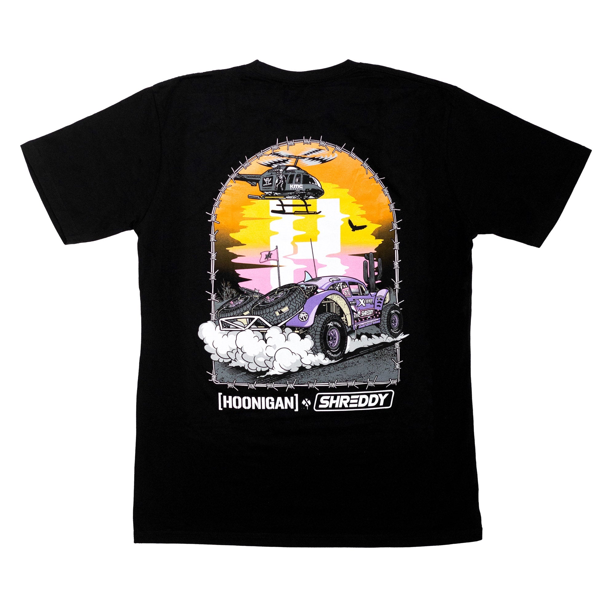Black short sleeve t-shirt featuring a vibrant graphic of a car and helicopter against a sunset backdrop, branded Hoonigan x Shreddy.