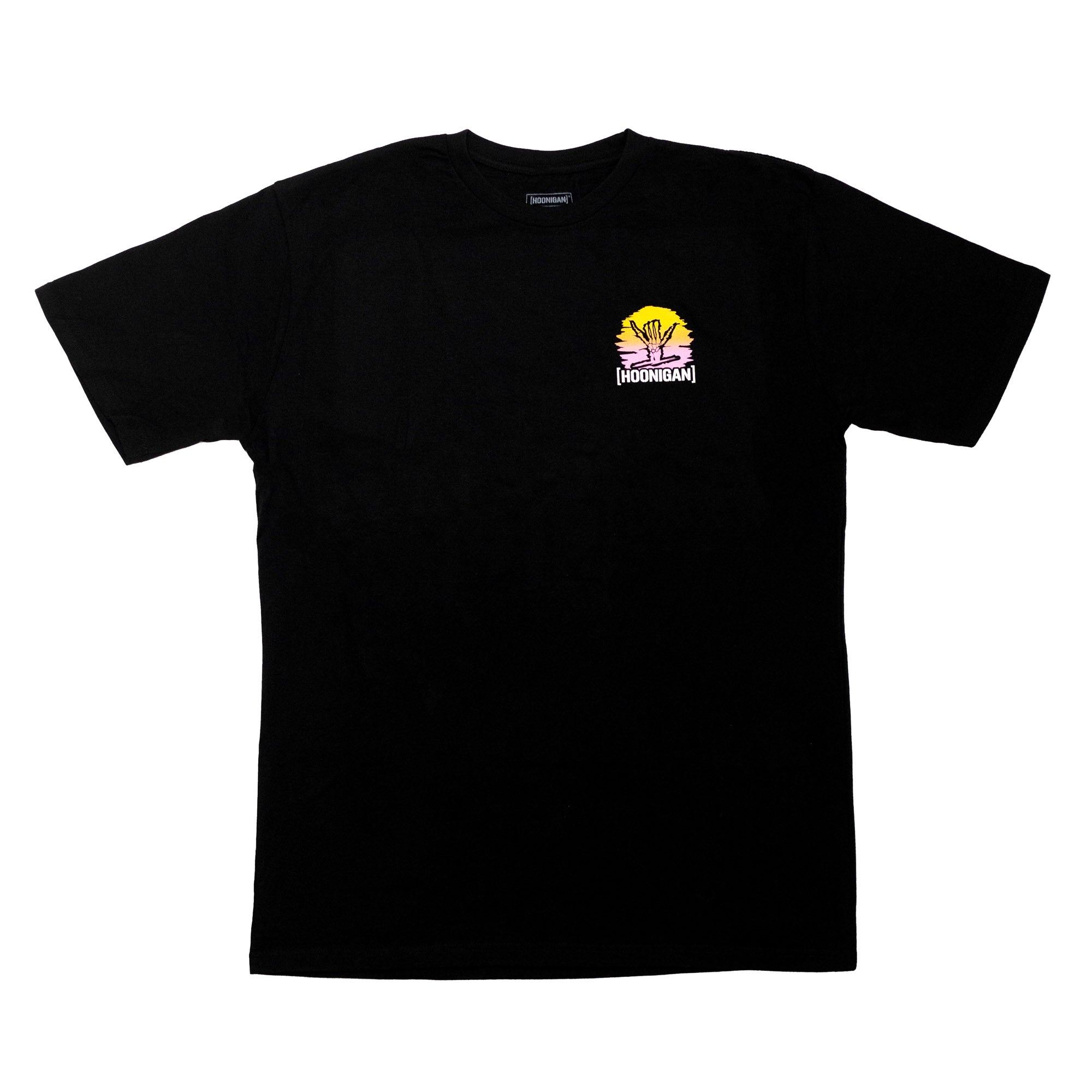 Black short sleeve t-shirt featuring Hoonigan x Shreddy logo with a vibrant desert design on the chest.