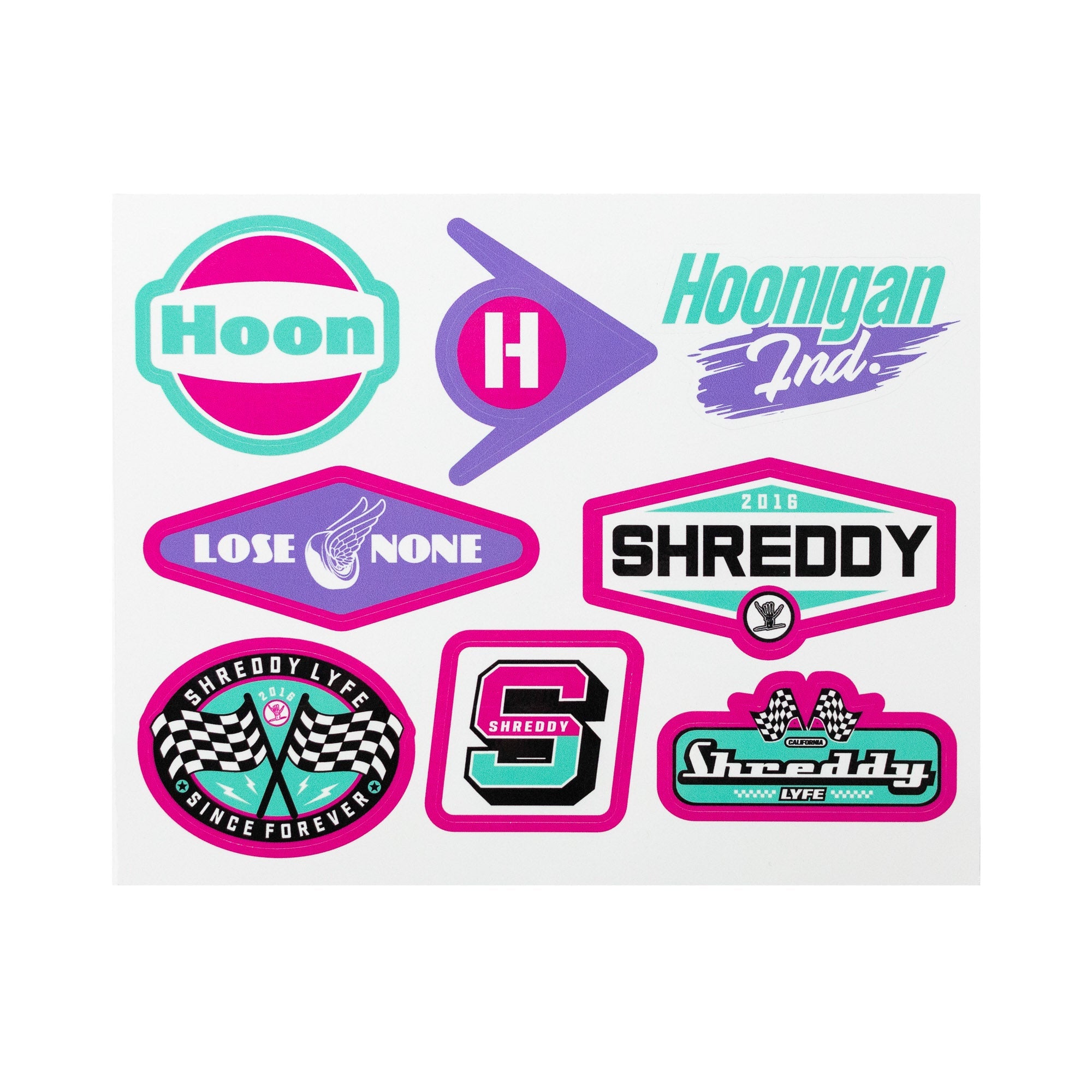 Hoonigan x Shreddy sticker sheet featuring vibrant designs and logos for automotive enthusiasts and car culture fans.