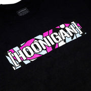 Black short sleeve t-shirt featuring a colorful Hoonigan logo with a bold design, celebrating automotive culture.