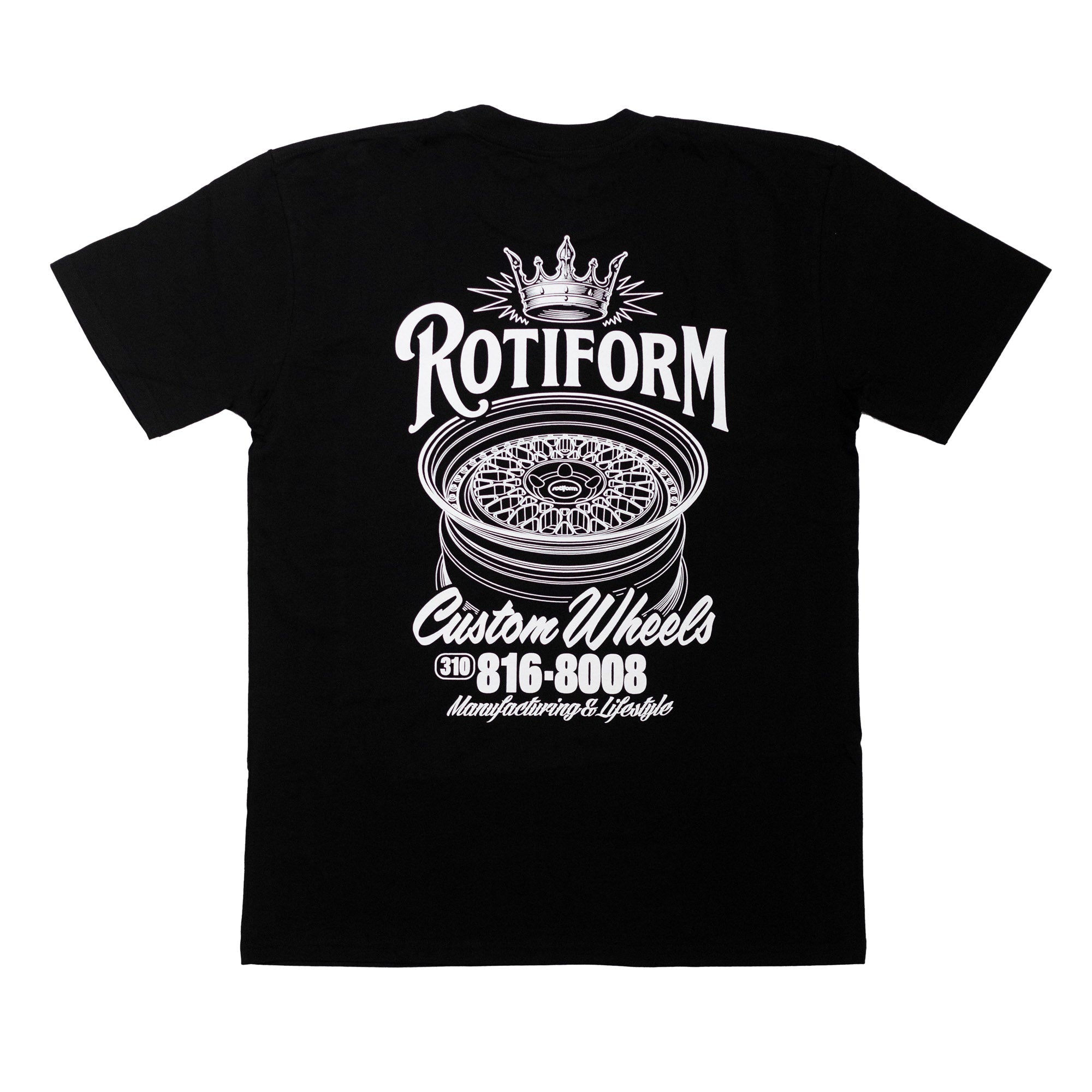Black short sleeve t-shirt featuring a large Rotiform wheel graphic and logo on the back, ideal for car enthusiasts.