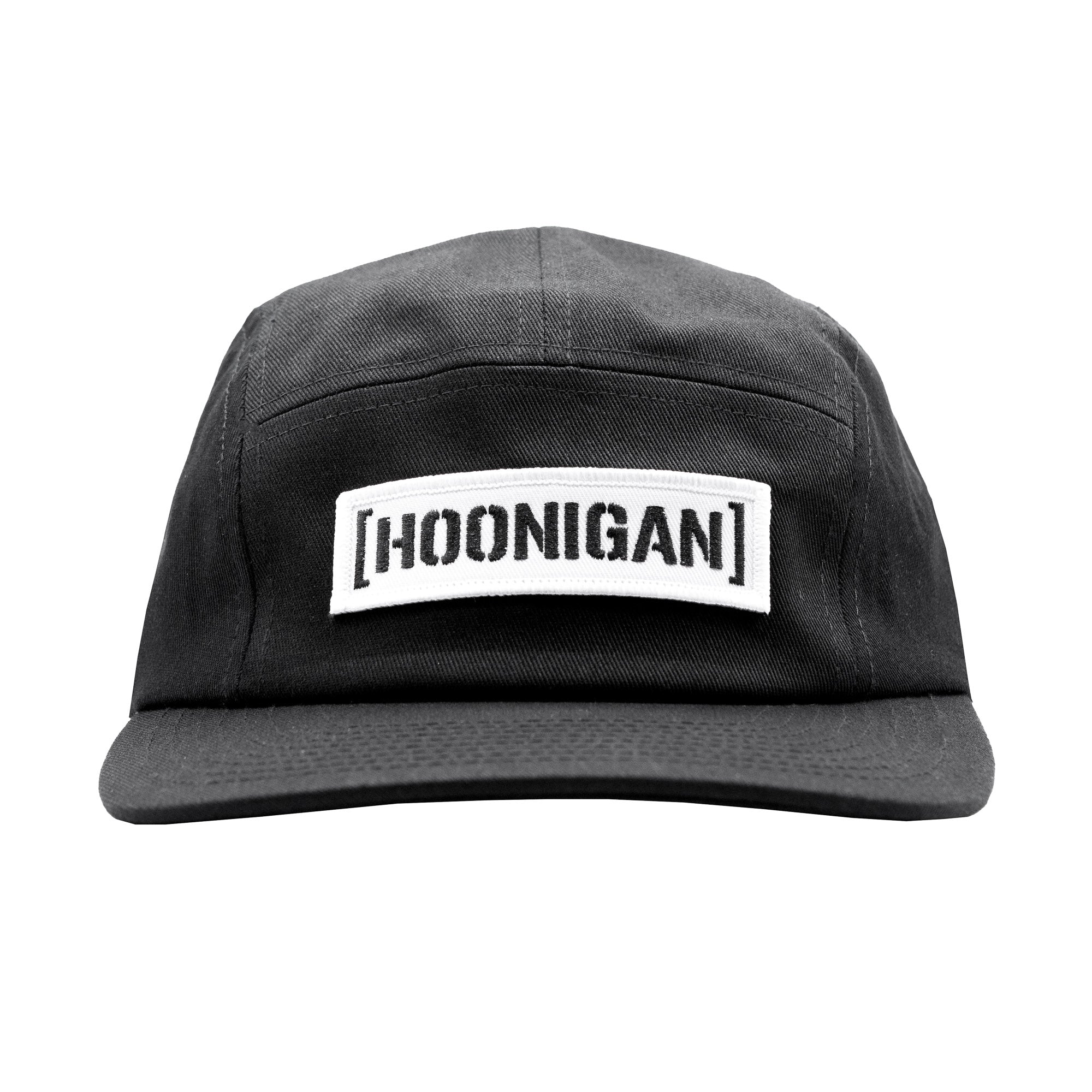 Black unstructured strapback hat featuring a prominent white embroidered Hoonigan logo on the front.