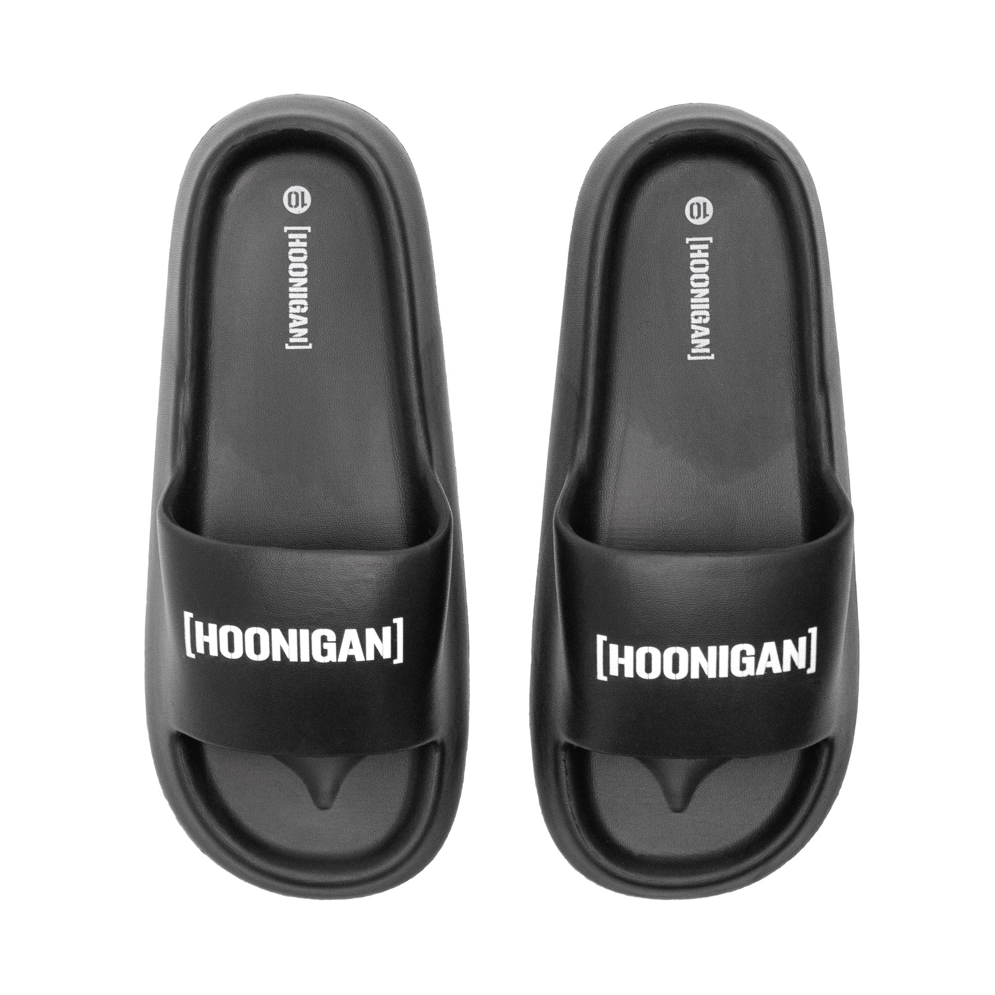 Black Hoonigan slides featuring a bold CENSOR BAR BRACKET logo on the strap, perfect for casual wear.