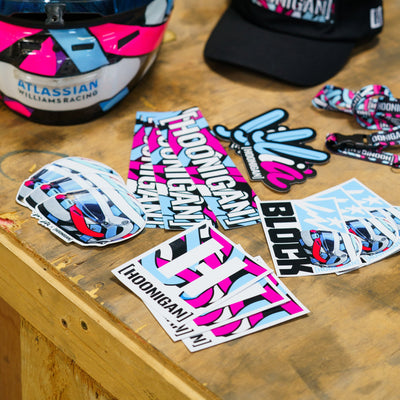 Hoonigan x Lia Block HELMET BLOCK sticker featuring vibrant colors and bold graphics for motorsport enthusiasts.