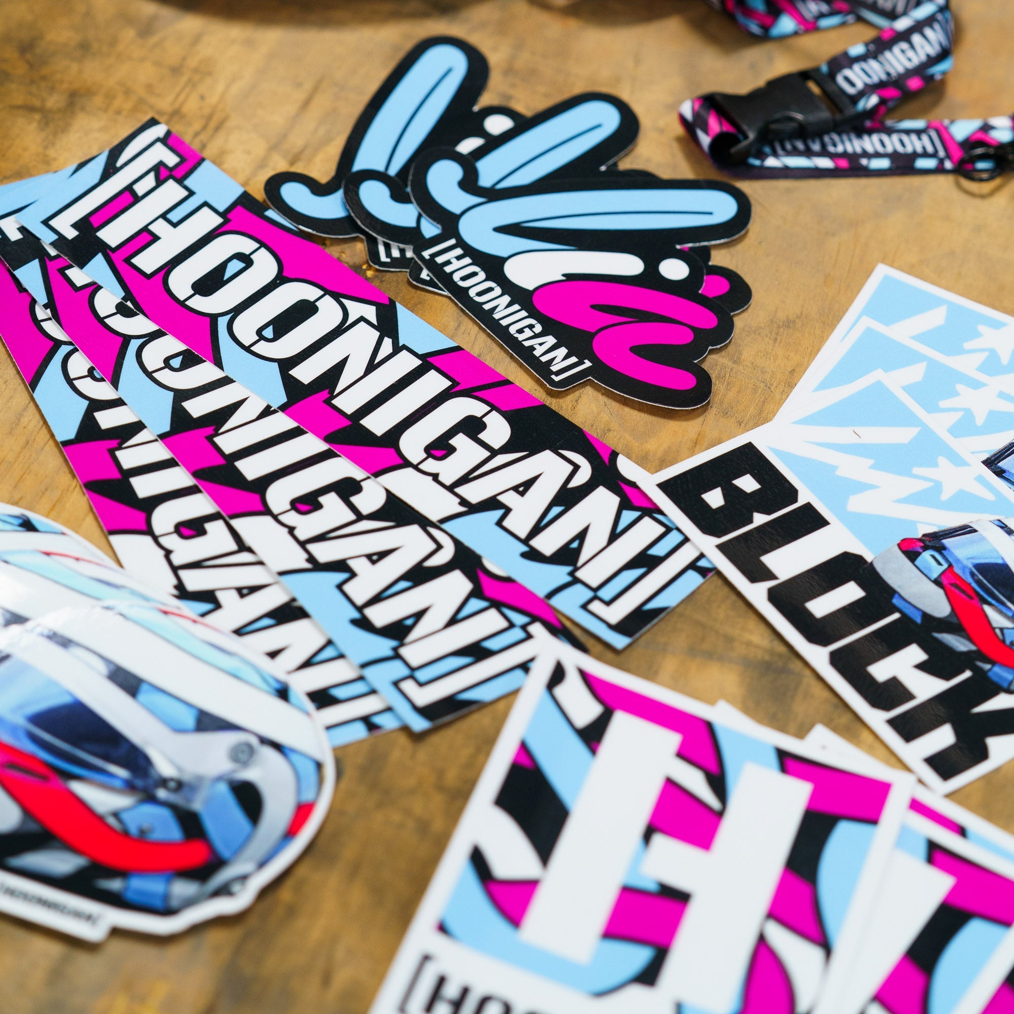 Hoonigan x Lia Block HELMET BLOCK sticker featuring vibrant colors and bold graphics, perfect for motorsport enthusiasts.