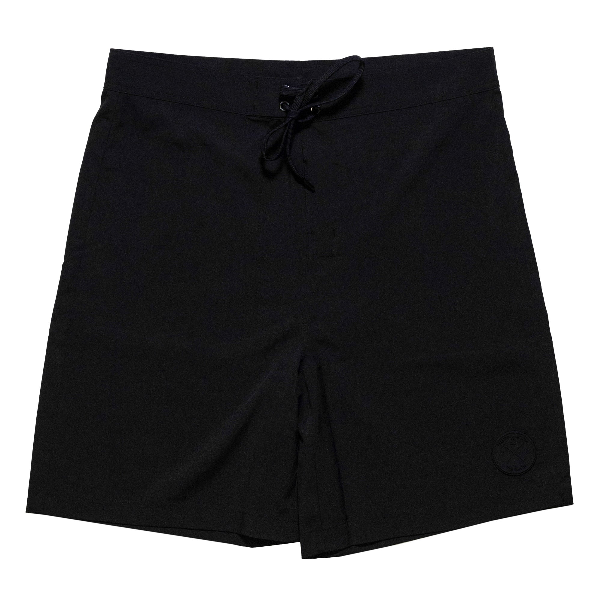 Hoonigan OIL SLICK Board Shorts in black with a drawstring waist and logo patch, ideal for beach and water activities.