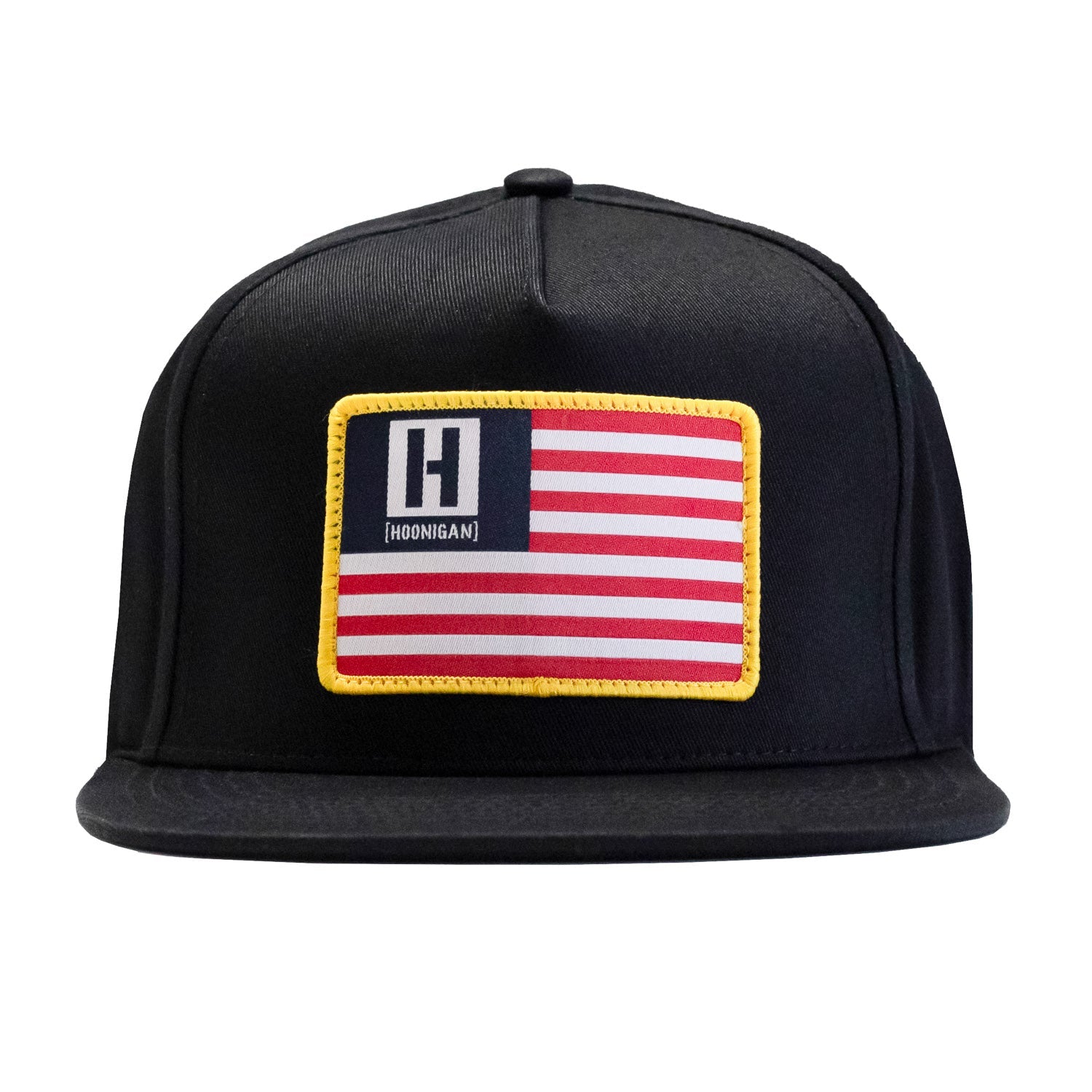 Black snapback hat featuring a bold American flag patch with the Hoonigan logo, perfect for motorsport enthusiasts.