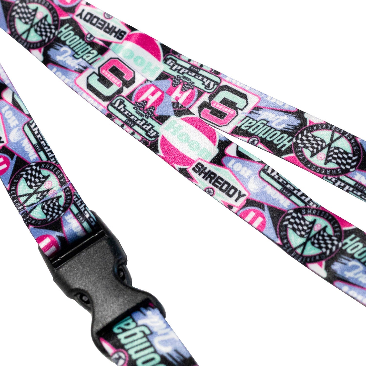 Colorful Hoonigan x Shreddy lanyard featuring logos and designs, perfect for motorsport enthusiasts and daily use.