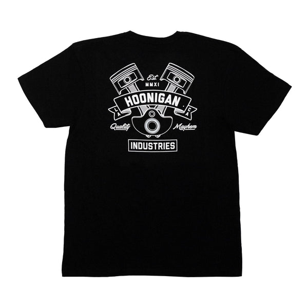 Black short sleeve t-shirt featuring a graphic design with pistons and the Hoonigan logo, emphasizing automotive culture.