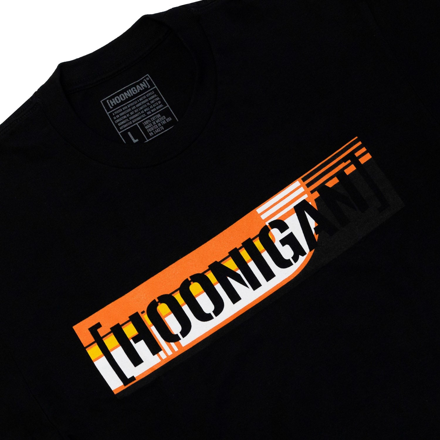 Black short sleeve t-shirt featuring a bold orange and white Hoonigan SCUMBUG CENSOR BAR graphic across the chest.