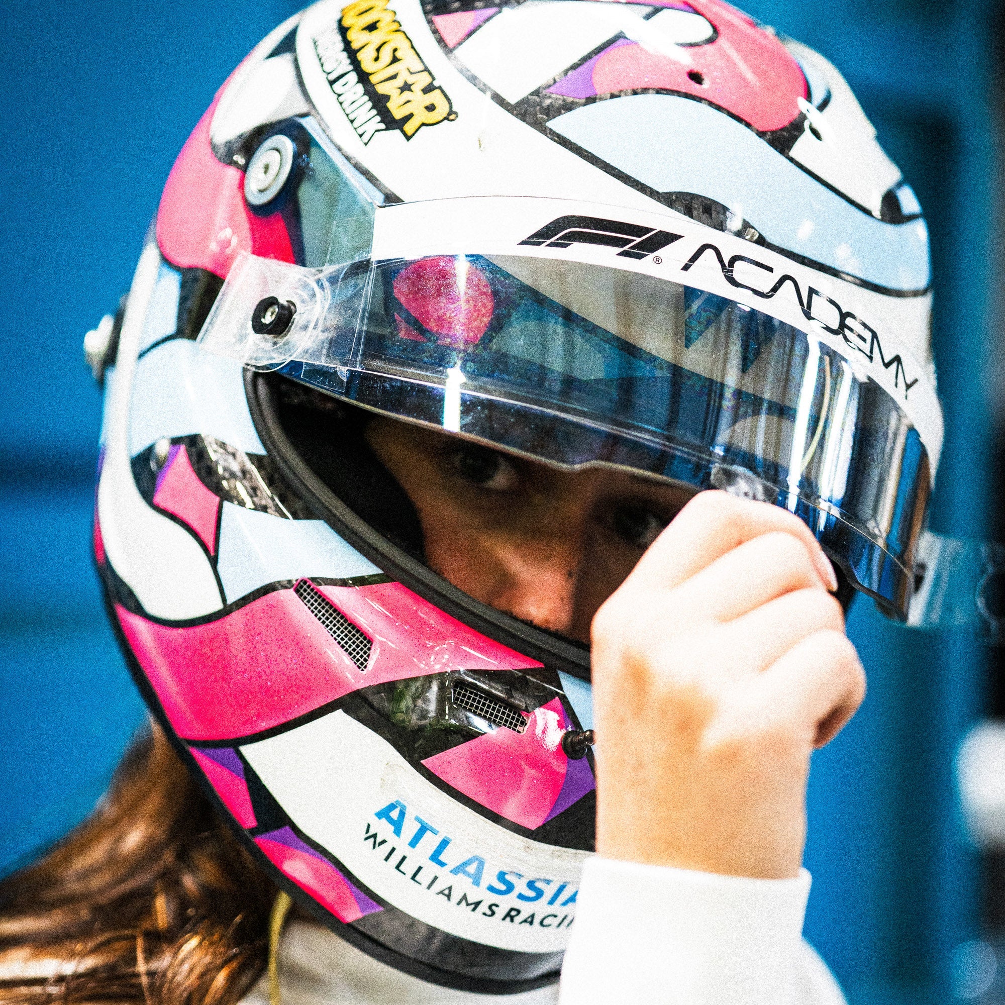 Hoonigan x Lia Block HELMET BOX Sticker featuring a colorful racing helmet design for motorsport enthusiasts.