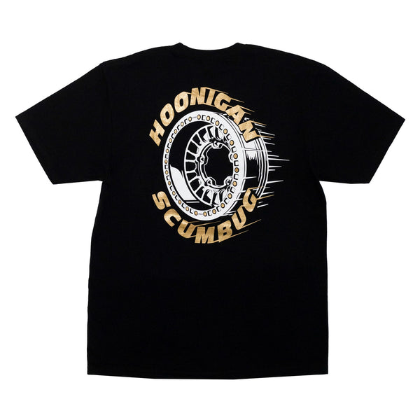 Black short sleeve t-shirt featuring a bold graphic of a tire and "Hoonigan SCUMBUG" text on the back.