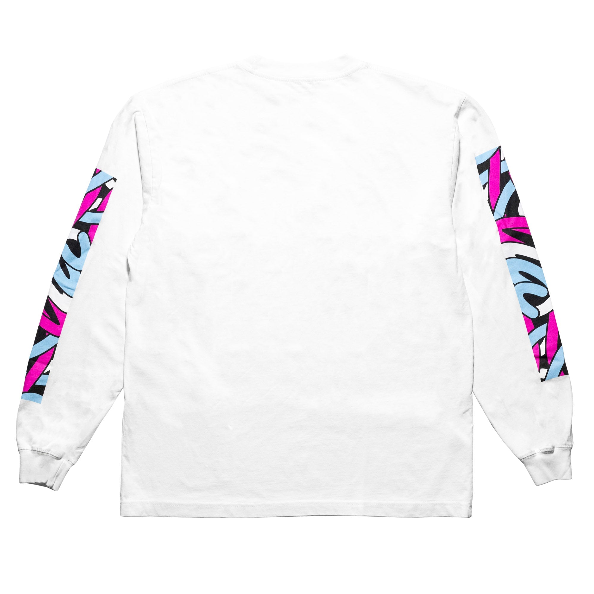 White long sleeve t-shirt featuring colorful abstract designs on the sleeves, celebrating automotive culture and style.