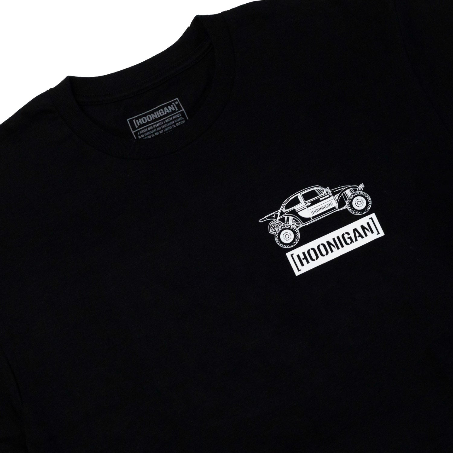 Black short sleeve t-shirt featuring a graphic of a buggy and Hoonigan logo, perfect for motorsport enthusiasts.