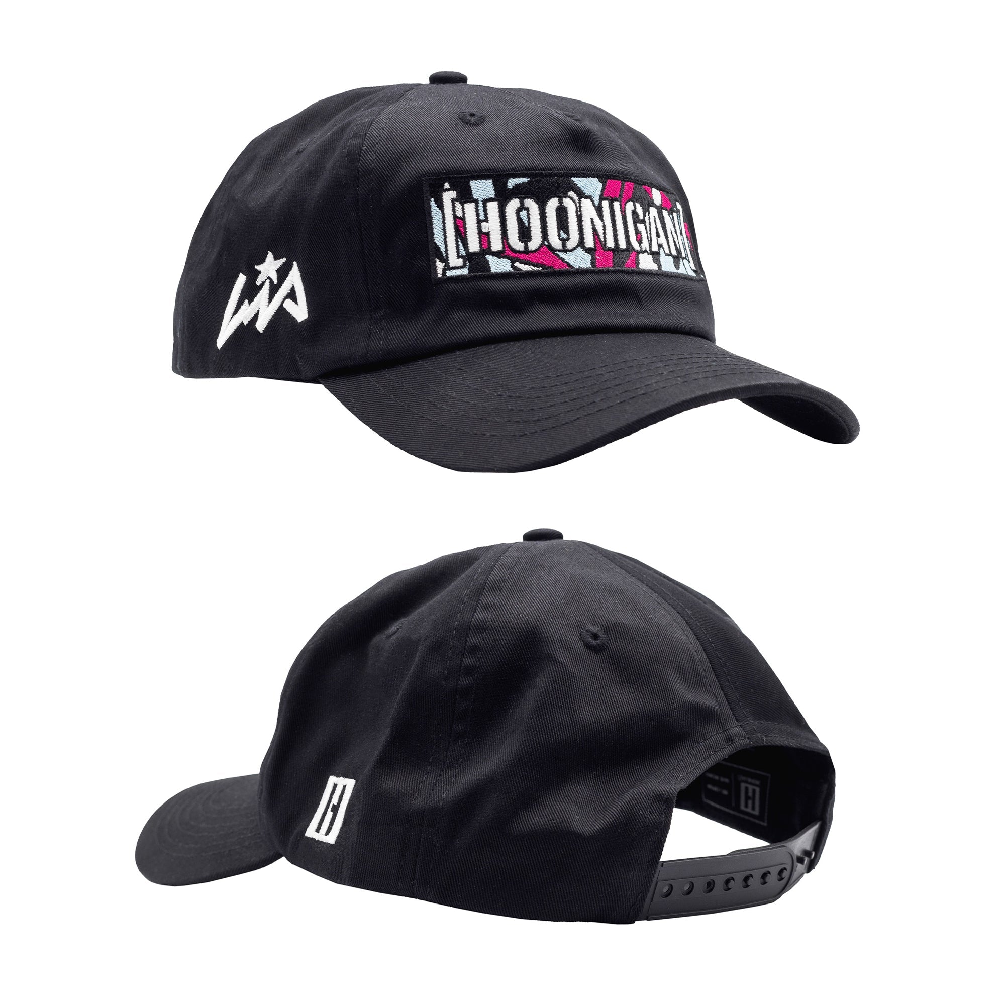 Black unstructured snapback hat featuring Hoonigan logo and Lia Block design, perfect for motorsport enthusiasts.
