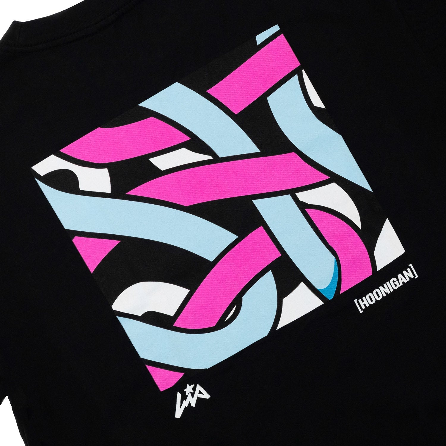 Hoonigan x Lia Block DSC Short Sleeve Premium Tee featuring a vibrant abstract design in pink, blue, and white on a black background.