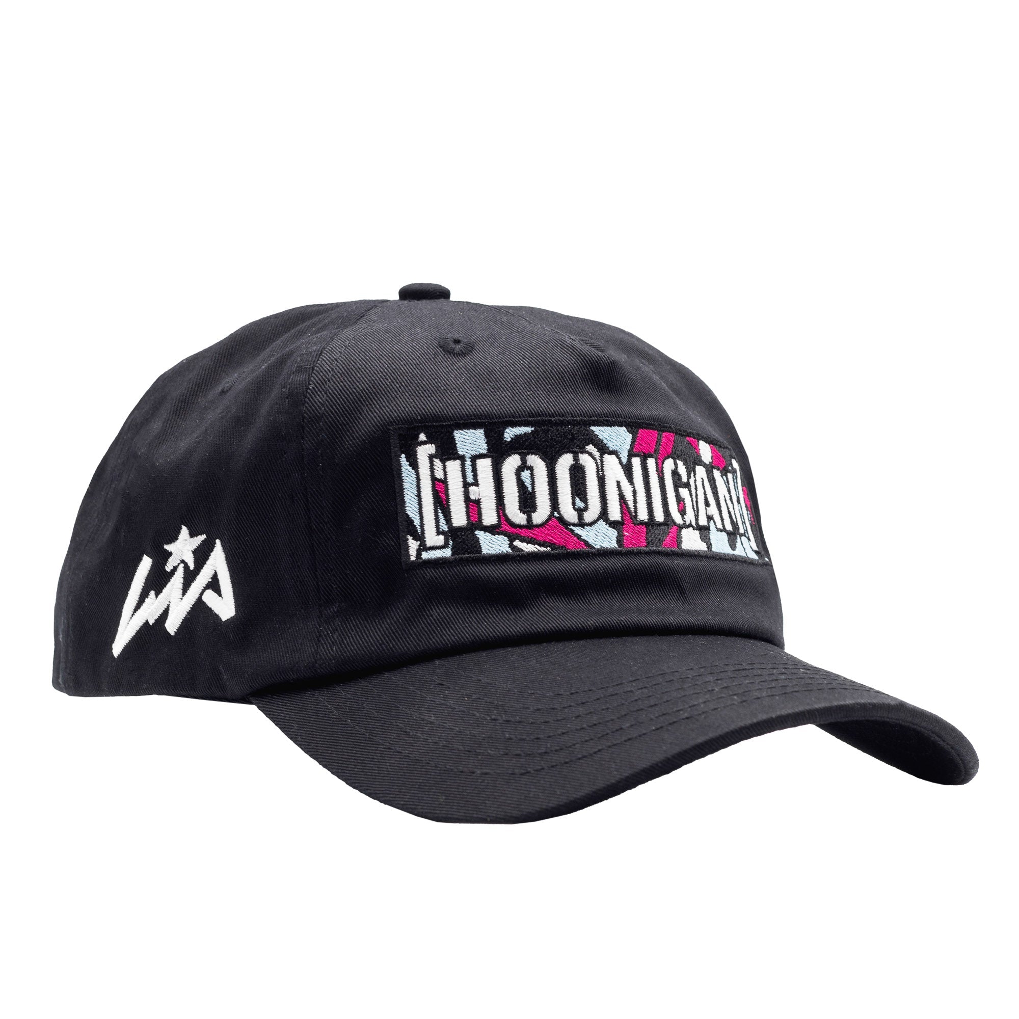 Hoonigan x Lia Block Censor Bar unstructured snapback hat in black with colorful embroidered logo and side graphic.