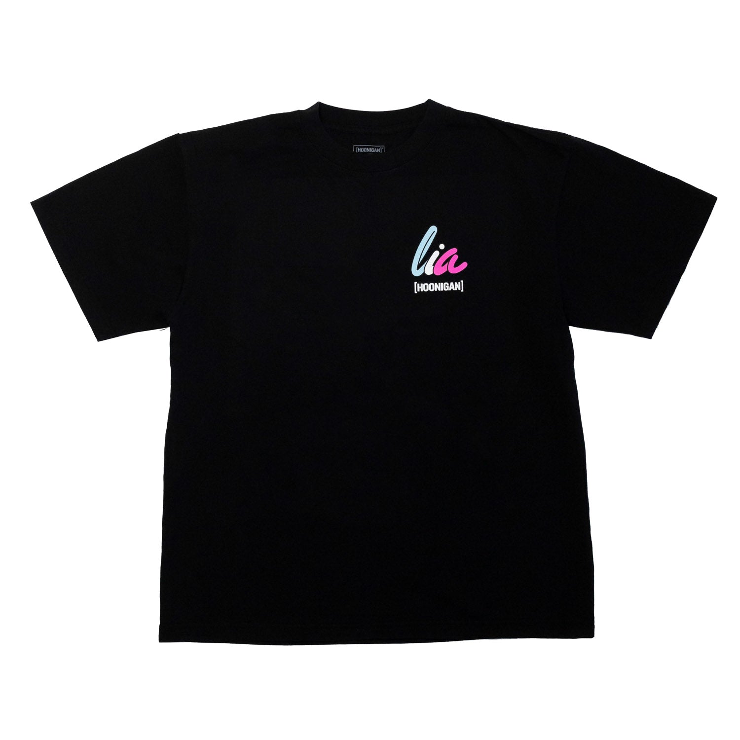 Black short sleeve premium tee featuring Hoonigan and Lia Block branding in vibrant colors, perfect for motorsport enthusiasts.