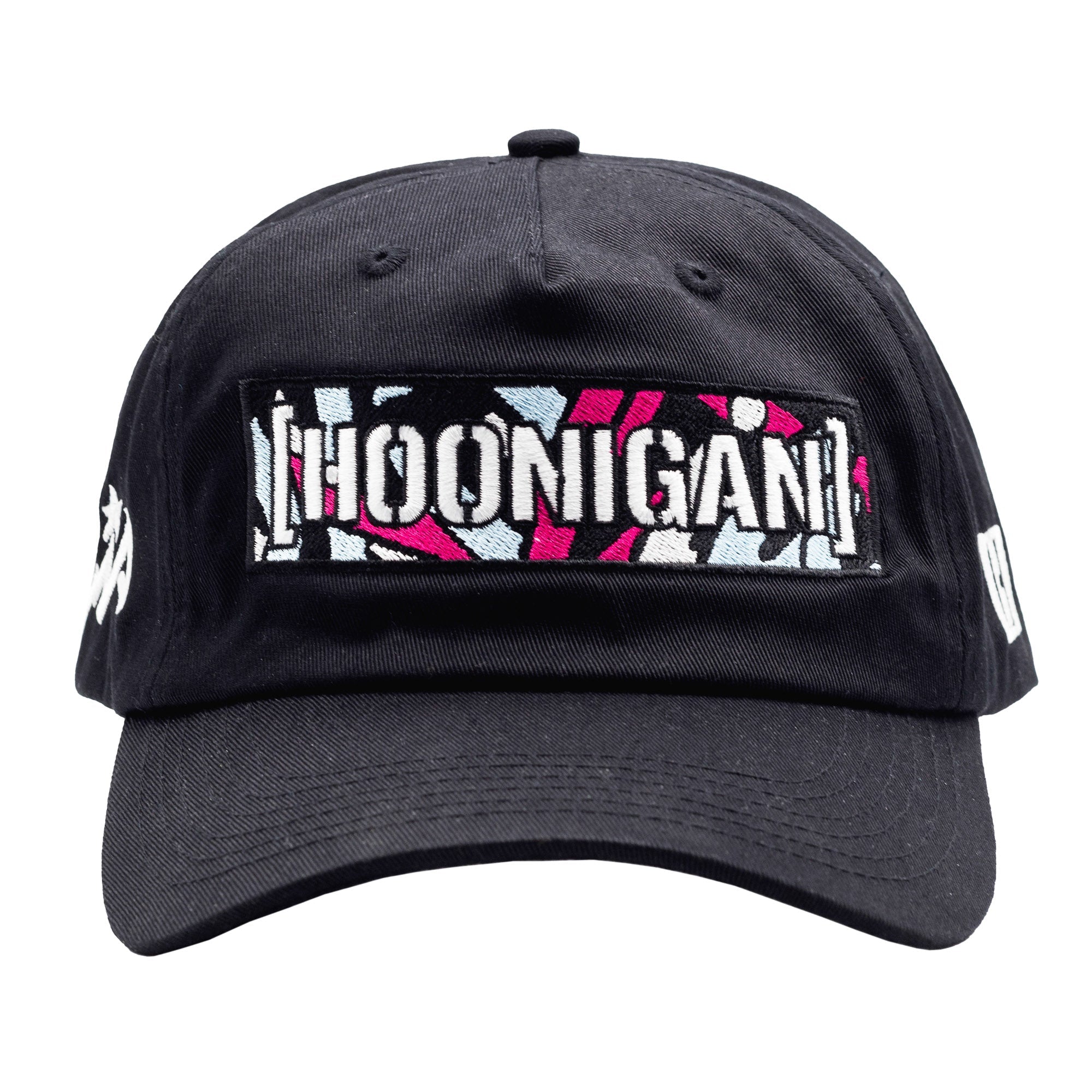 Black unstructured snapback hat featuring Hoonigan logo in a colorful censor bar design, perfect for motorsport enthusiasts.