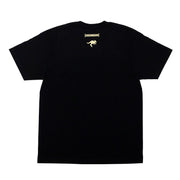 Black short sleeve t-shirt featuring a gold Hoonigan logo and a graphic of a car performing a drift on the back.
