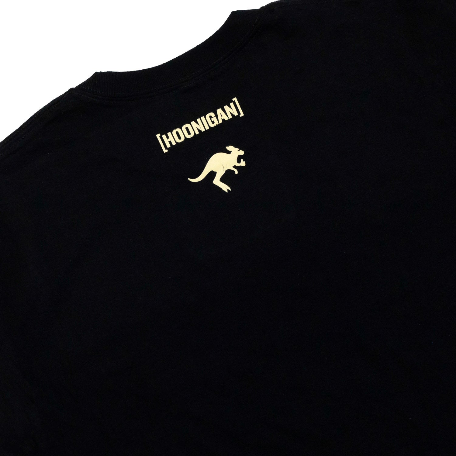 Black short sleeve t-shirt featuring Hoonigan logo and kangaroo graphic, perfect for motorsport and car culture enthusiasts.