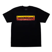 Black short sleeve t-shirt featuring a bold gradient "[HOONIGAN]" logo, perfect for motorsport enthusiasts and car culture fans.