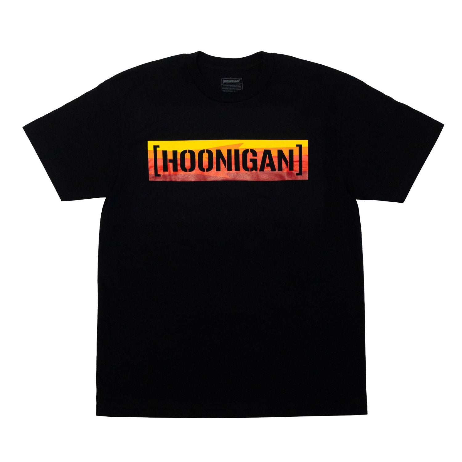 Black short sleeve t-shirt featuring a bold gradient "[HOONIGAN]" logo, perfect for motorsport enthusiasts and car culture fans.